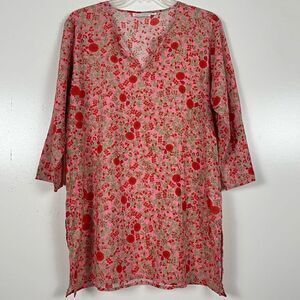 Roller Rabbit Rhody Kurta Tunic Womens Medium Floral Pink Green Dress Top V Neck